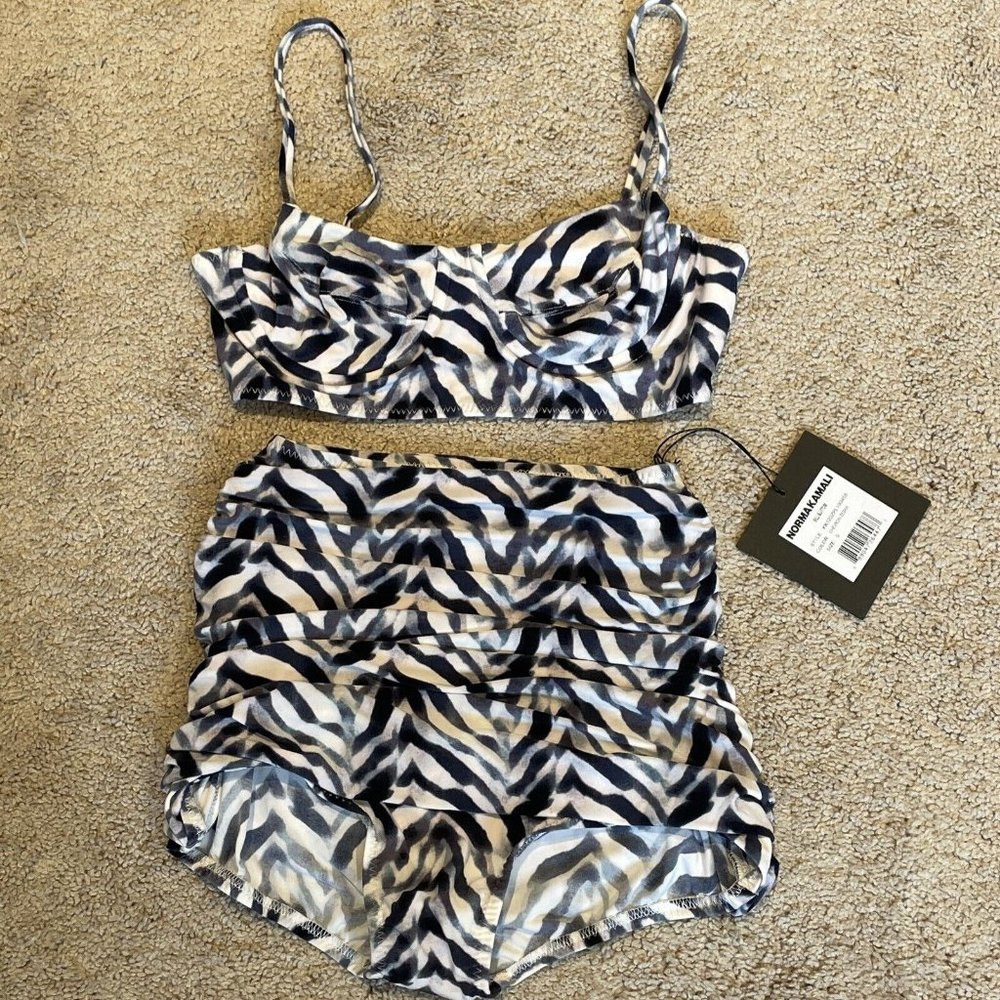 Norma Kamali Two Piece Swimsuit Chevron Zebra Bikini Top High Rise Bottom Size S